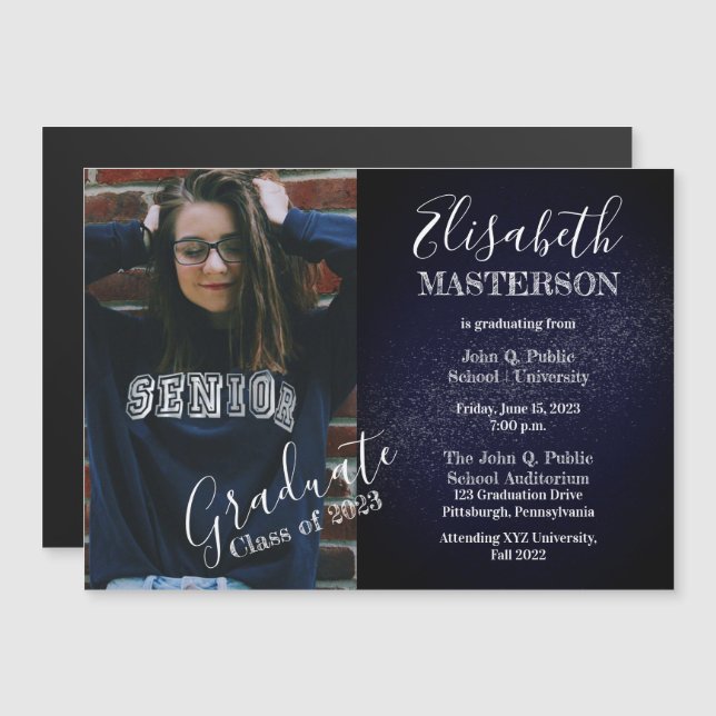 Moda Invitación de graduación de foto azul oscuro (Anverso/Reverso)