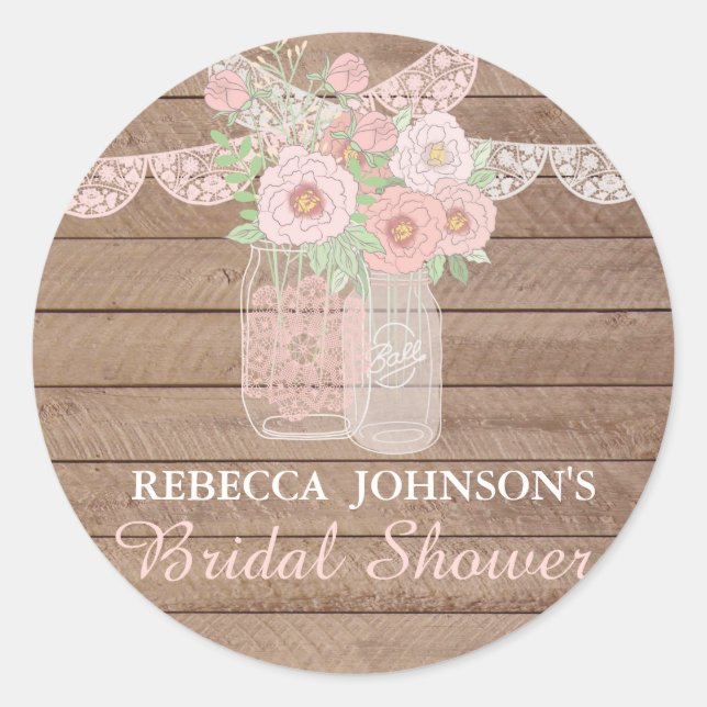 Moda Lace Mason Jar & Wood Bridal Shower Pegatina (Anverso)