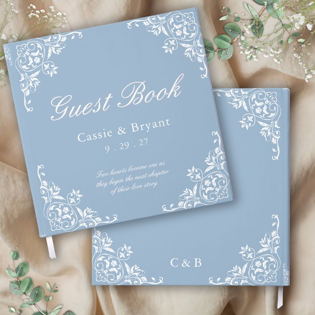 Moda Ligera Dusty Azul Boda Blanco Libro de invita (formal blue and white wedding guest book with persoanlized name date monogram saying gift ideas)