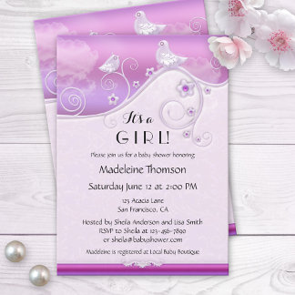Moda Lilac Floral Bird Invitación Baby Shower