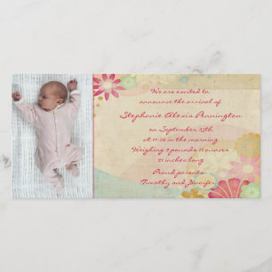 Moda linen floral fototarjeta anuncio de nacimient