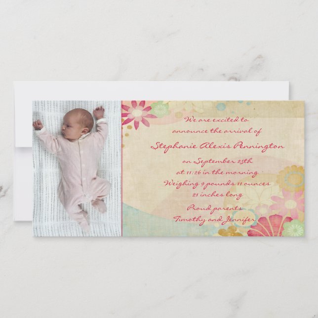 Moda linen floral fototarjeta anuncio de nacimient (Anverso)
