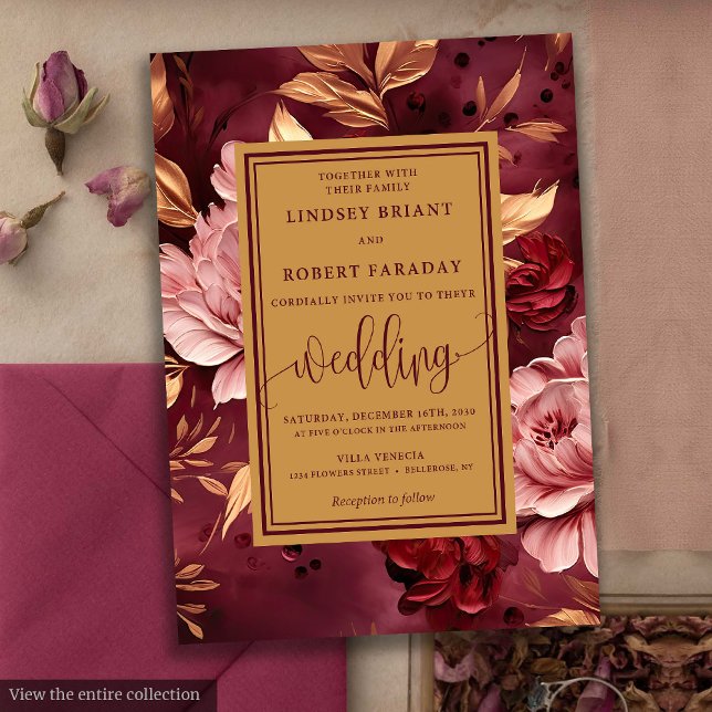 Moda Lux Borgoña Rubor Invitación a la Boda Floral (Chic Lux Burgundy Blush Gold Floral Wedding Invitation)