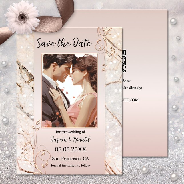 Moda Mármol Rubor Foto rosa Guardar tarjeta de fec (Save the Date card featuring your photo framed by rose gold metallic floral swirls on pink marble)