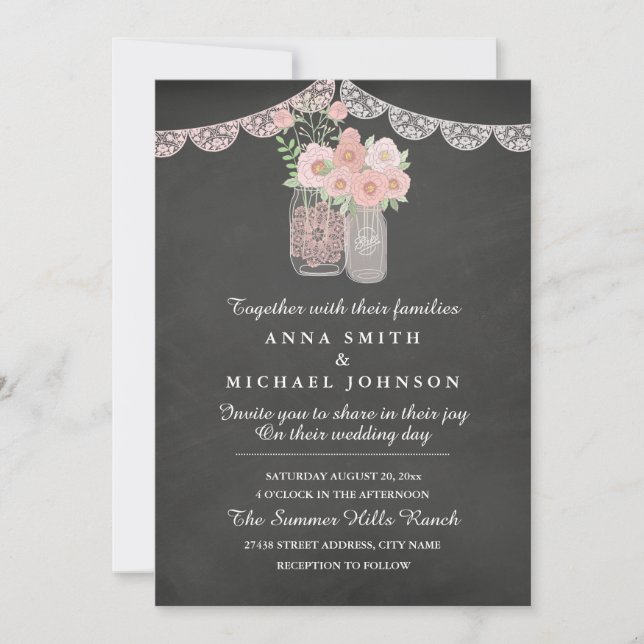 Moda Mason Jar & Chalkboard Wedding Invitación (Anverso)