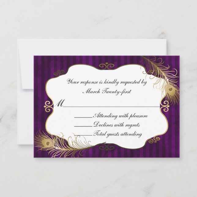 Moda Mave & Golden Peacock Feather Wedding RSVP (Anverso)