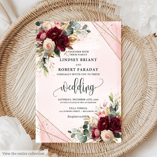 Moda merlot rosas de oro ruidoso invitación a la b (Chic merlot blush gold roses wedding invitation

)