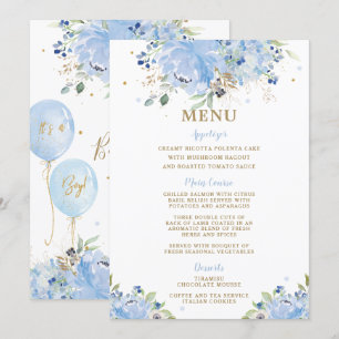Moda moderna Blue Floral Balloons Menú Baby Shower