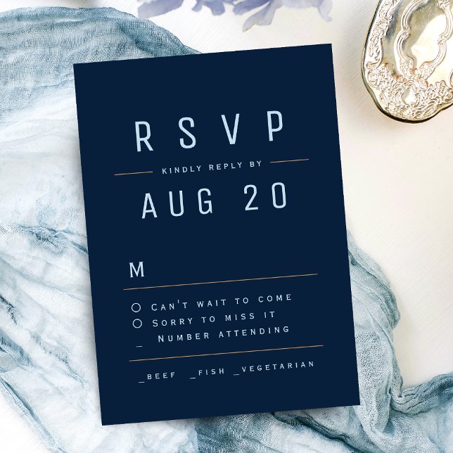 Moda moderna marina azul simple tipografía RSVP (Navy Blue Modern Chic Simple Typography RSVP)