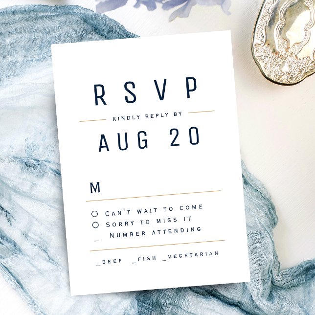 Moda moderna marina azul simple tipografía RSVP (Navy Blue Modern Chic Simple Typography RSVP)