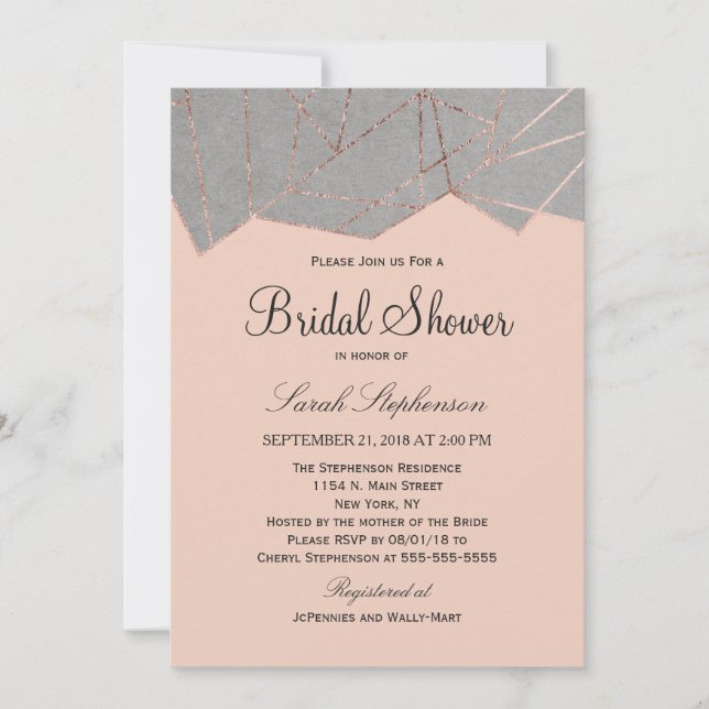 Moda moderna Rosa Gold Geo Bridal Ducha Invitación (Anverso)