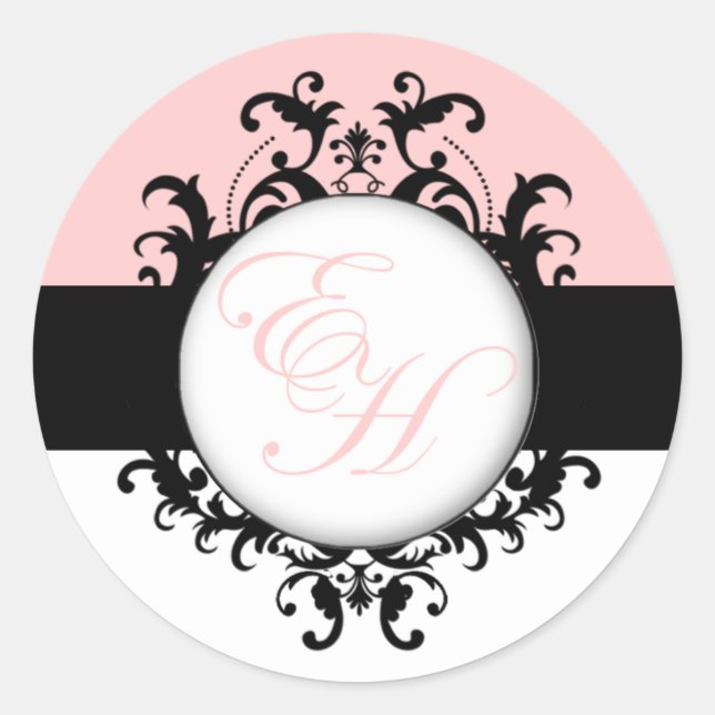 Moda Monogramas franceses Damask Etiquetas rosas (Anverso)