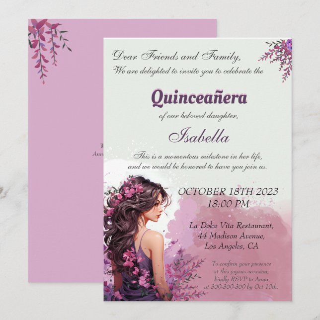 Moda morada floral Quinceanera Invitación (Anverso / Reverso)