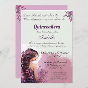 Moda morada floral Quinceanera Invitación