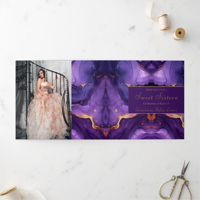 Moda Morado y Dulce Dorado 16 Invitación de fiesta (Exterior)