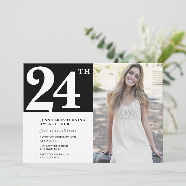 Moda Negra Foto Invitaciones de cumpleaños 24 (Anverso de pie)