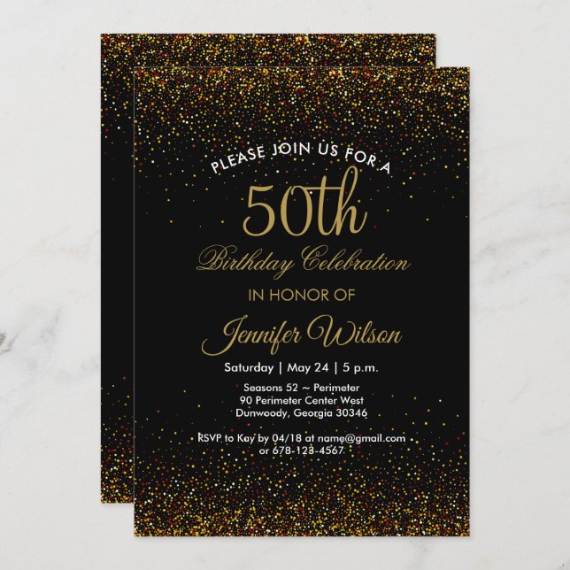 Moda Negra y Oro 50.ª Invitación de cumpleaños (Anverso / Reverso)