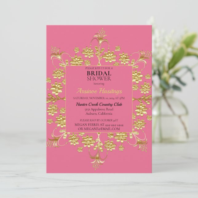 Moda Ornate Gold Floral Bridal Shower Invitación (Anverso de pie)