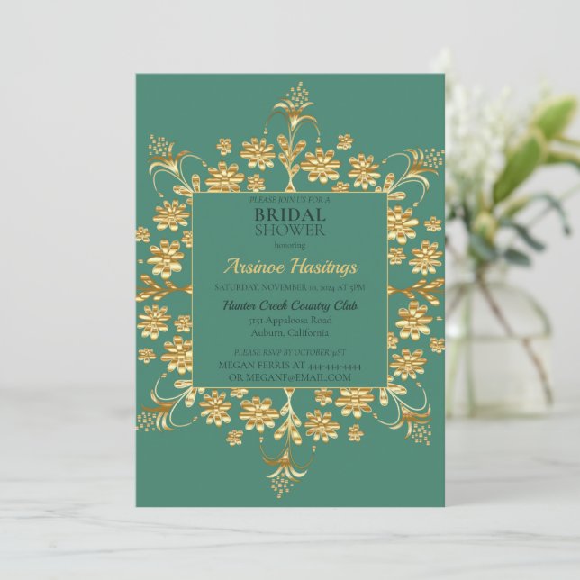 Moda Ornate Gold Floral Bridal Shower Invitación (Anverso de pie)