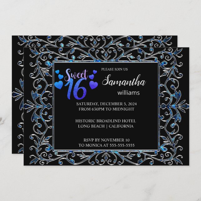 Moda Ornate Silver Sweet 16 Invitación (Anverso / Reverso)