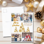 Moda Oro Feliz Navidad Árboles Collage de fotos<br><div class="desc">Una postal de Navidades de guión oro de moda con un collage de fotos de tu familia alrededor de un hermoso árbol hecho de copos de nieve dorados con Feliz Navidad en el frente en cursiva. Personalice con sus 4 fotos favoritas de los niños en esta moderna tarjeta de vacaciones...</div>