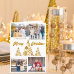 Moda Oro Feliz Navidad Árboles Collage de fotos<br><div class="desc">Una tarjeta de Navidades de guión oro de moda con el collage de fotos de tu familia alrededor de un hermoso árbol hecho de copos de nieve dorados con Feliz Navidad y Feliz Año Nuevo en el frente en cursivo. Personalice con sus 4 fotos favoritas para los niños en la...</div>