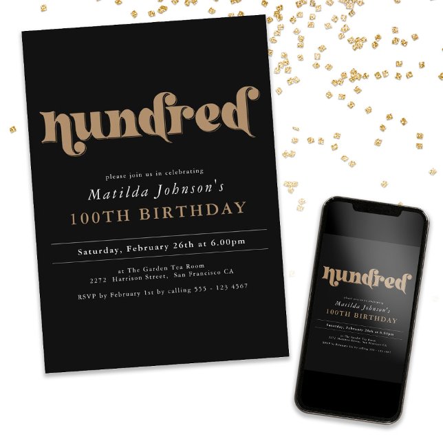 Moda Oro Negro Invitación a la fiesta de cumpleaño (Chic Black Gold 100th Birthday Party Invitation)