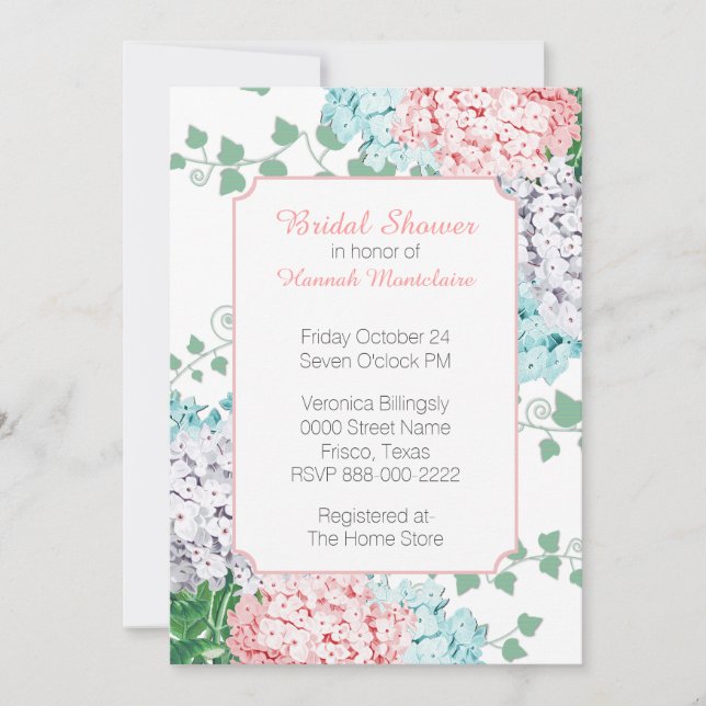 Moda Pastel Hydrangeas Bridal Shower Invitación (Anverso)