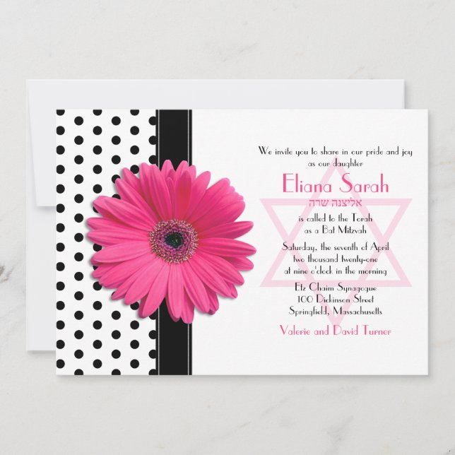 Moda Polka Dot Rosa Daisy Bat Mitzvah Invitación (Anverso)