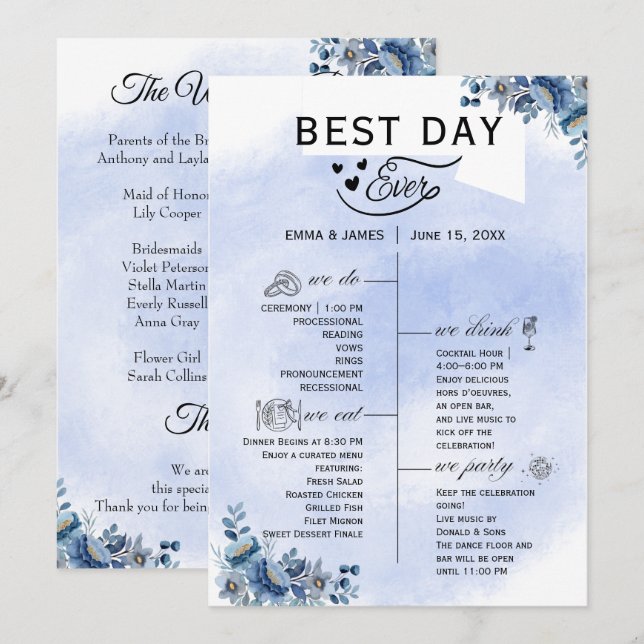 Moda Programas de Bodas Florales Azules (Anverso / Reverso)