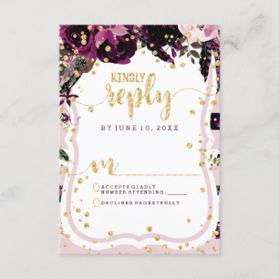 Moda Púrpura Floral y Boda de oro Respuesta RSVP