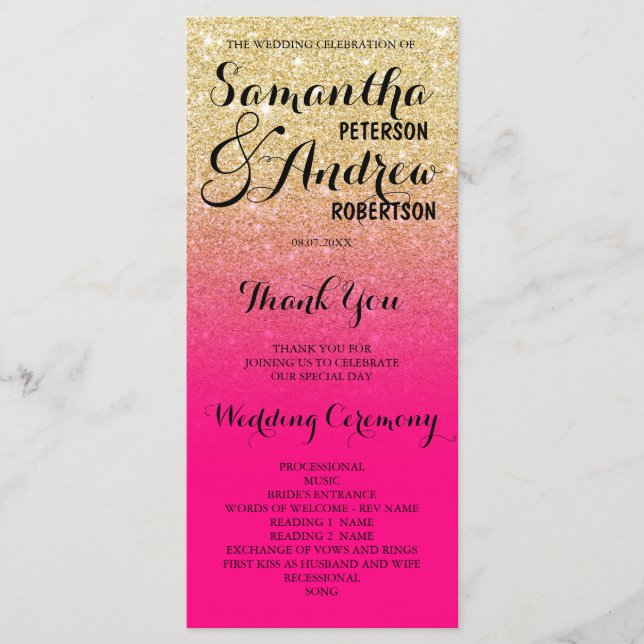 Moda purpurina de oro falso programa de boda rosa  (Anverso)