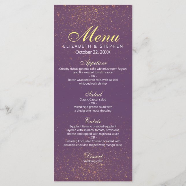 Moda Purpurina morado y dorado Menú Boda de espuma (Anverso)
