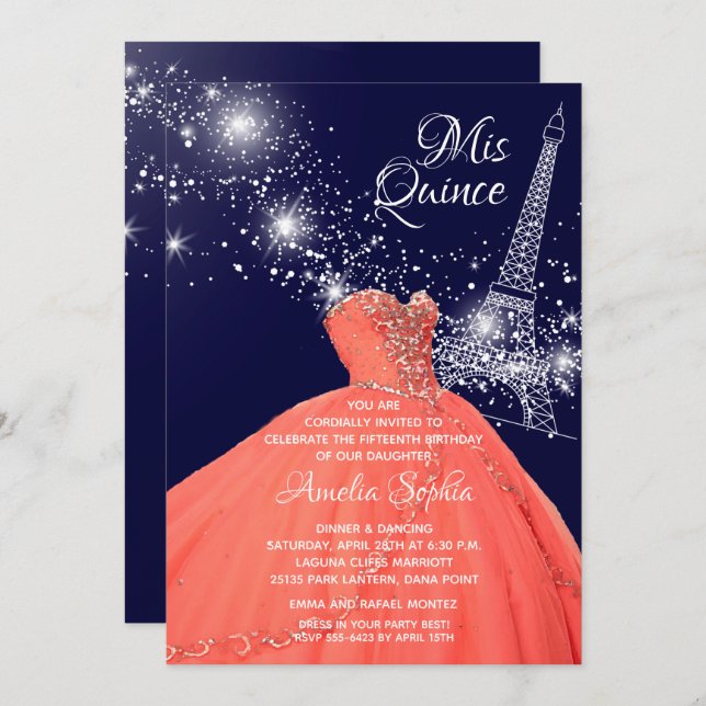 Moda Quinceañera Coral Gown Eiffel Tower Invita (Anverso / Reverso)