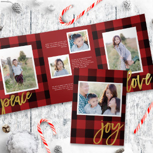 Moda Red Plaid + Gold Script Holiday Tarjeta fotog