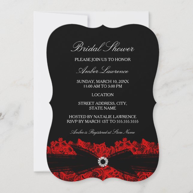 Moda Rojo Floral Lace Bridal Shower Invitación (Anverso)