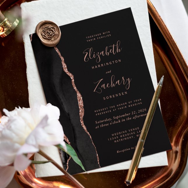 Moda Rosa Negro Agate Invitación a la boda oscura (The perfect choice for a black and rose gold themed wedding.)