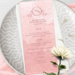 Moda Rubor color de agua rosada, menú Boda monogra<br><div class="desc">Deliciosa carta de boda color rosa rosa rosa, con un elegante monograma botánico dibujado a mano con iniciales de la pareja sobre un exquisito fondo acuarela, en una bonita mezcla de tonos rosa, rosa y salmón. Fácil rellenar la plantilla con sus detalles y menú y pedir sus impresiones! Parte de...</div>