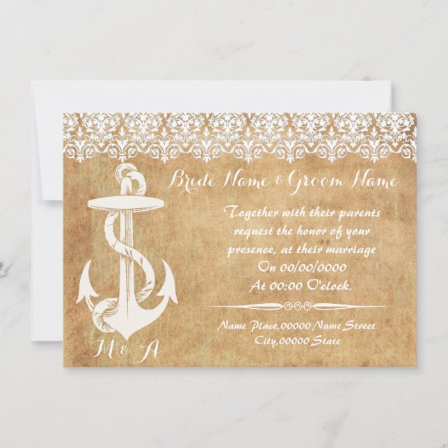Moda rústica , ancla, invitación de BODA (Anverso)