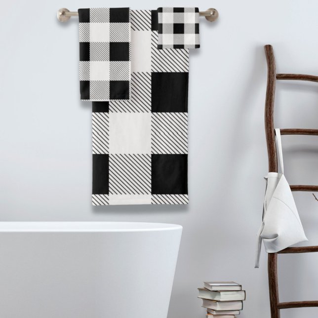 moda rústica de granja de yeso negro y blanco (rustic farmhouse chic black and white plaid bath towel set)