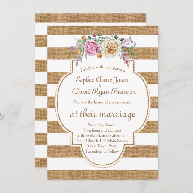 Moda Rústica Floral Burlap Stripes Boda Invitación (Anverso / Reverso)