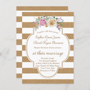 Moda Rústica Floral Burlap Stripes Boda Invitación