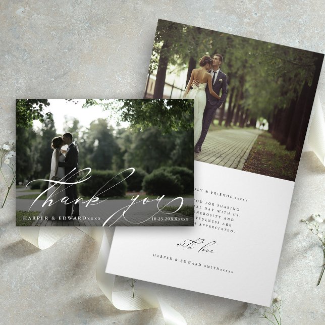 Moda Script 2 Photo Boda Gracias Tarjeta plegada (Front & Inside)
