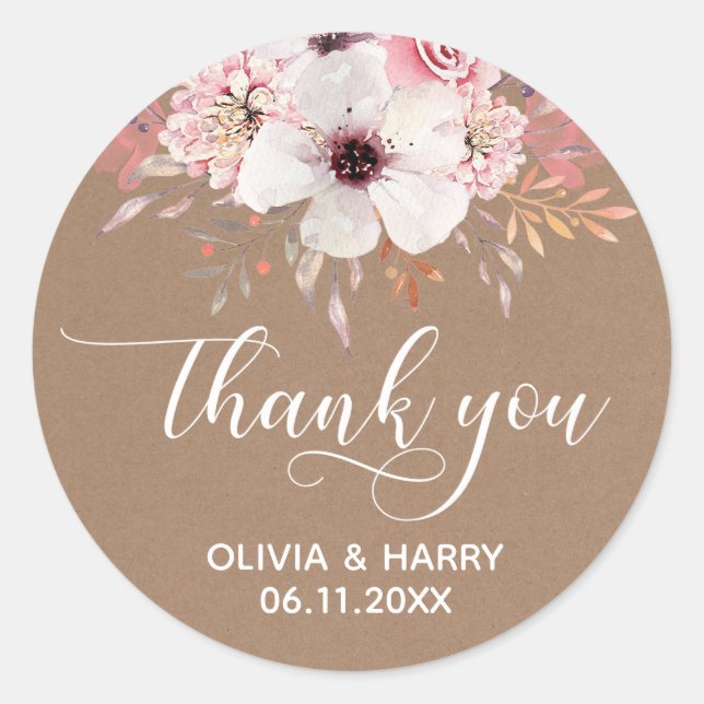 Moda Script Boda floral Favor Pegatinas | Kraft (Anverso)