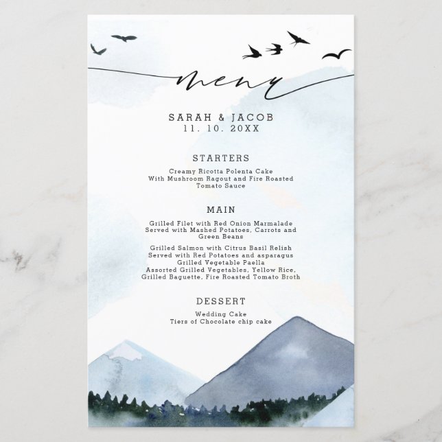 Moda Slate Blue Mountains Script Boda Menú (Anverso)