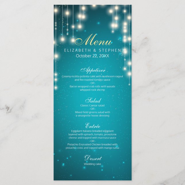 Moda String Lights Turquoise Purpurina Boda Menú (Anverso)