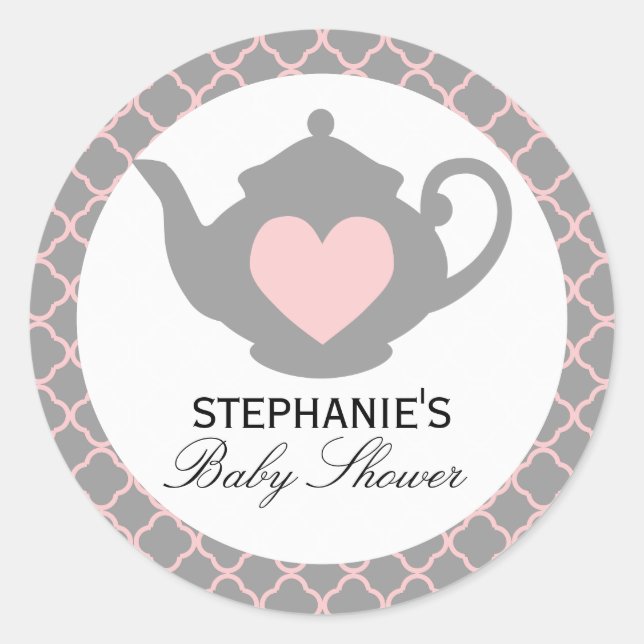 Moda Teapot Pink + Gray Baby Shower Tea Pegatina (Anverso)
