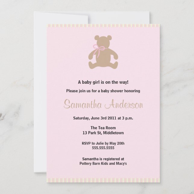 Moda Teddy Bear Baby Shower Invitación - Chica (Anverso)
