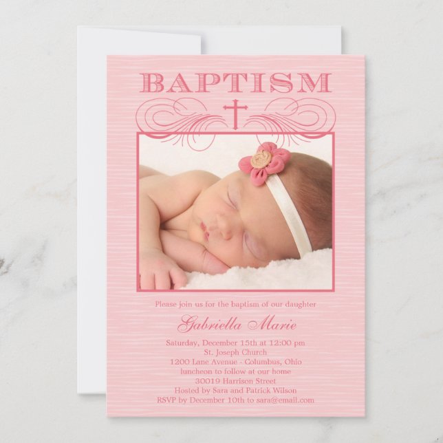 Moda Textura Foto Baptismo Invitación - Rosa (Anverso)