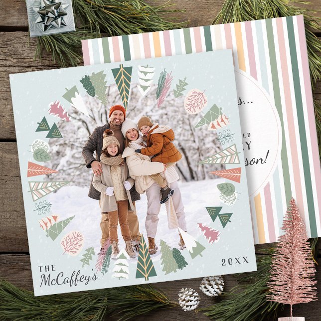 Moda Vintage Navidad Árboles Foto Verde AZUL Rosa (Chic Modern Trendy Vintage Christmas Trees in a circle, Christian, blessed, family, 2023, merry card)